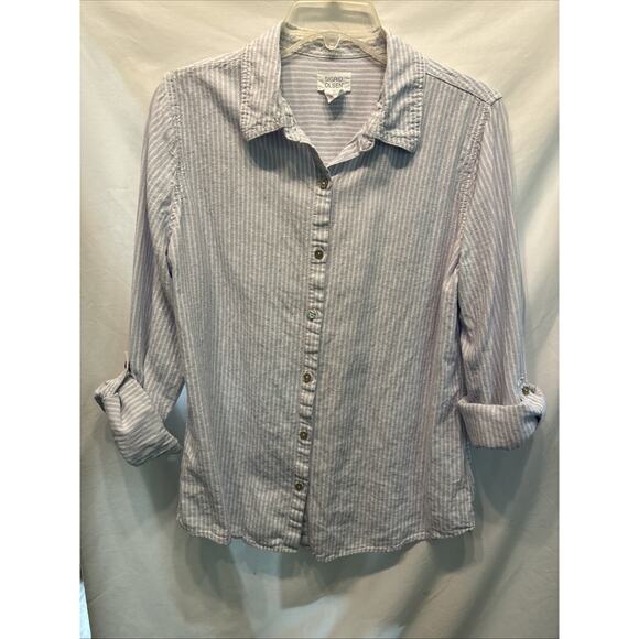 Sigrid Olsen Womens Large Button Up Shirt Linen Blend Blue Stripe Beach Career - Picture 9 of 9